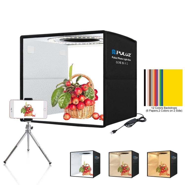 puluz 25cm folding portable 3 modes dual color temperature ring light photo lighting studio shooting tent box with 6 x dual side color backdrops, size: 25cm x 25cm x 25cm