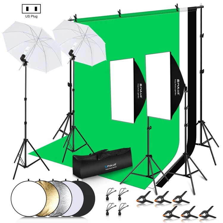 puluz led light studio softbox photography kit with background & reflective & tripod mount & sandbags