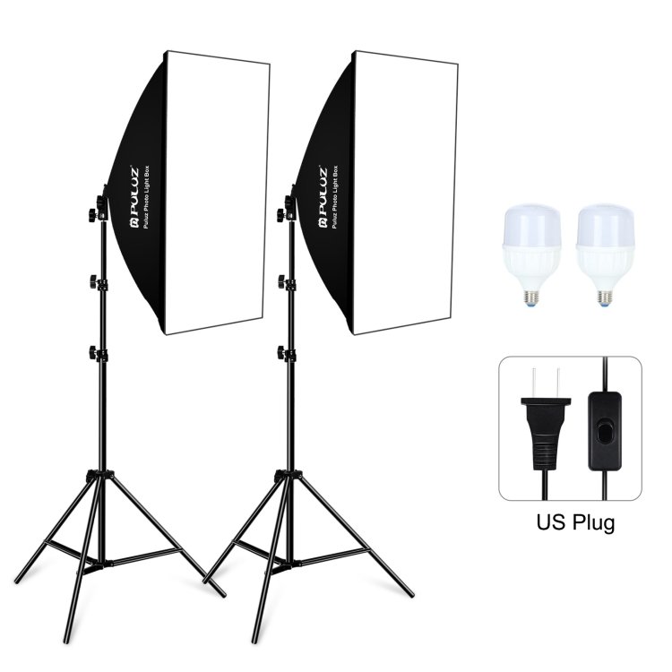 puluz softbox lighting kit 2 pcs 50x70cm professional photo studio photography light equipment with 2 x e27 socket bulb photography lighting kit, 2 pcs single bulb eu plug, 2 pcs single bulb us plug