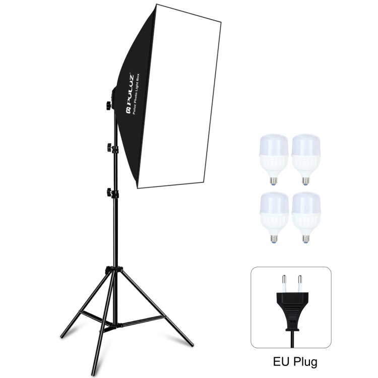 puluz 50x70cm studio softbox + 2m tripod mount + 4 x e27 20w 5700k white light led light bulb photography lighting kit, 4 x bulb us plug, 4 x bulb eu plug